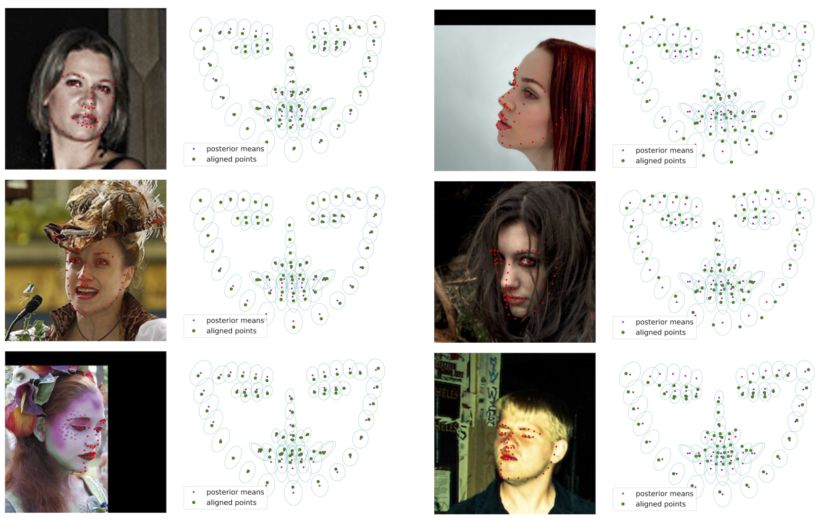 Face landmarks extraction with an in-house 3DFA algorithm called GStudent-EM. Left panel, examples of good scores; right panel, example of worse scores.